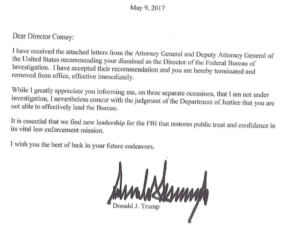 Trump’s letter dismissing Comey.